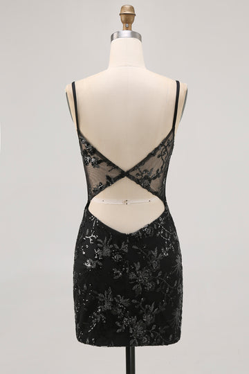 Black Bodycon Backless Sheer Corset Short Homecoming Dress with Sequins